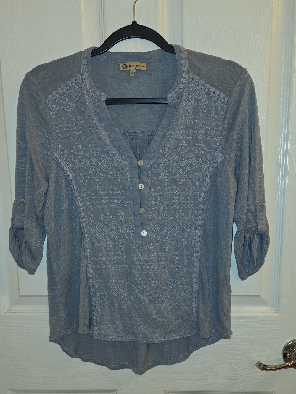 Democracy Women's Slate Blue Embroidered Boho Top